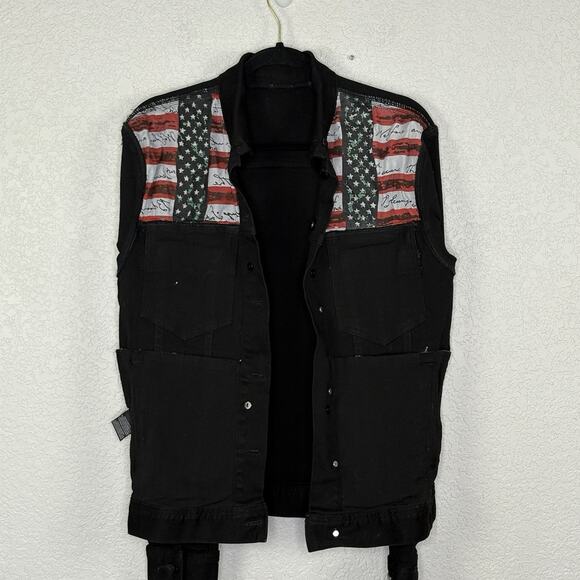 Rockstar Original Denim Jacket Faux Fur Spell Out Black Red Size M - Picture 5 of 8